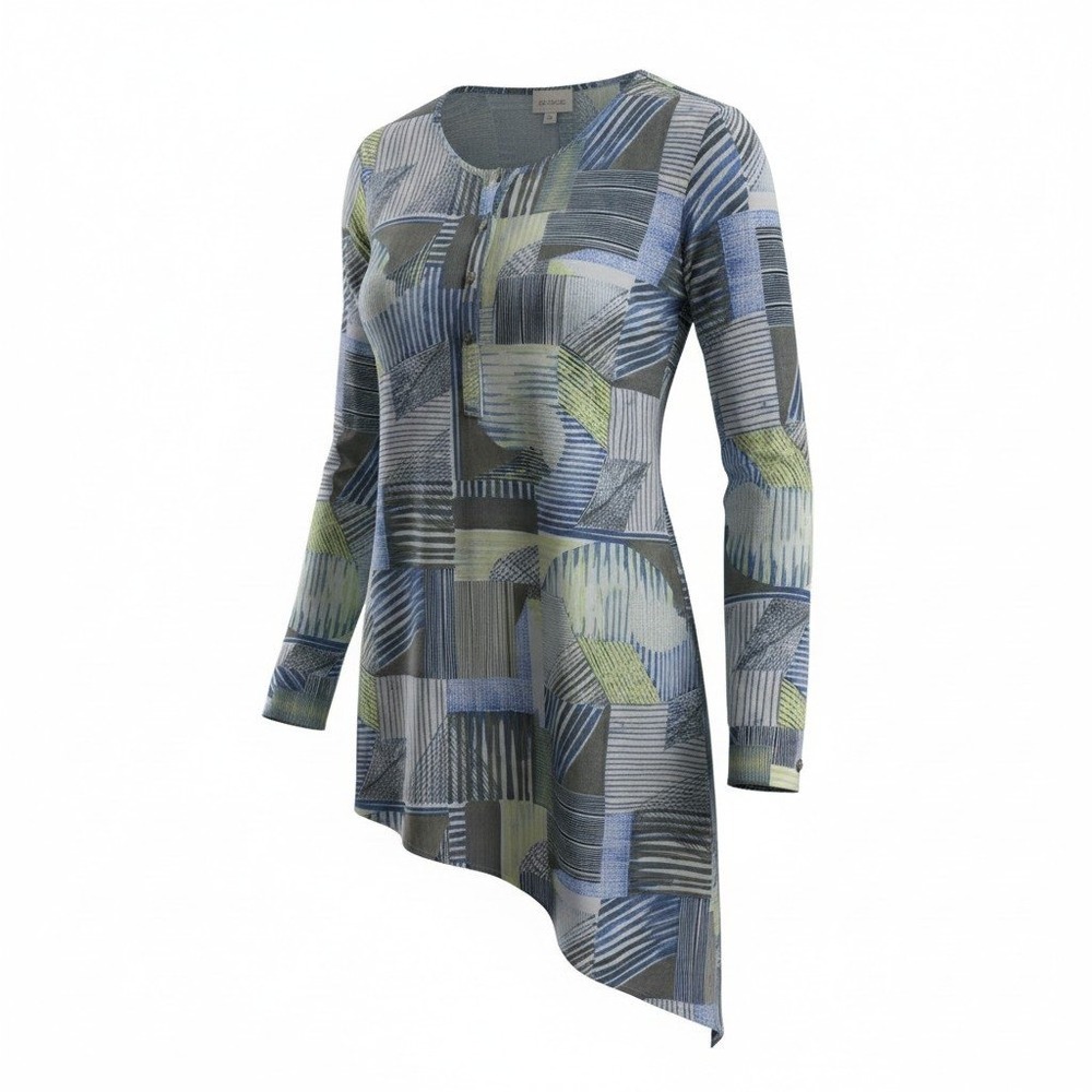 Chico's Women Tunic 3 XL Blue Grey Geometric Asymmetrical‎ Sharkbite Lagenlook